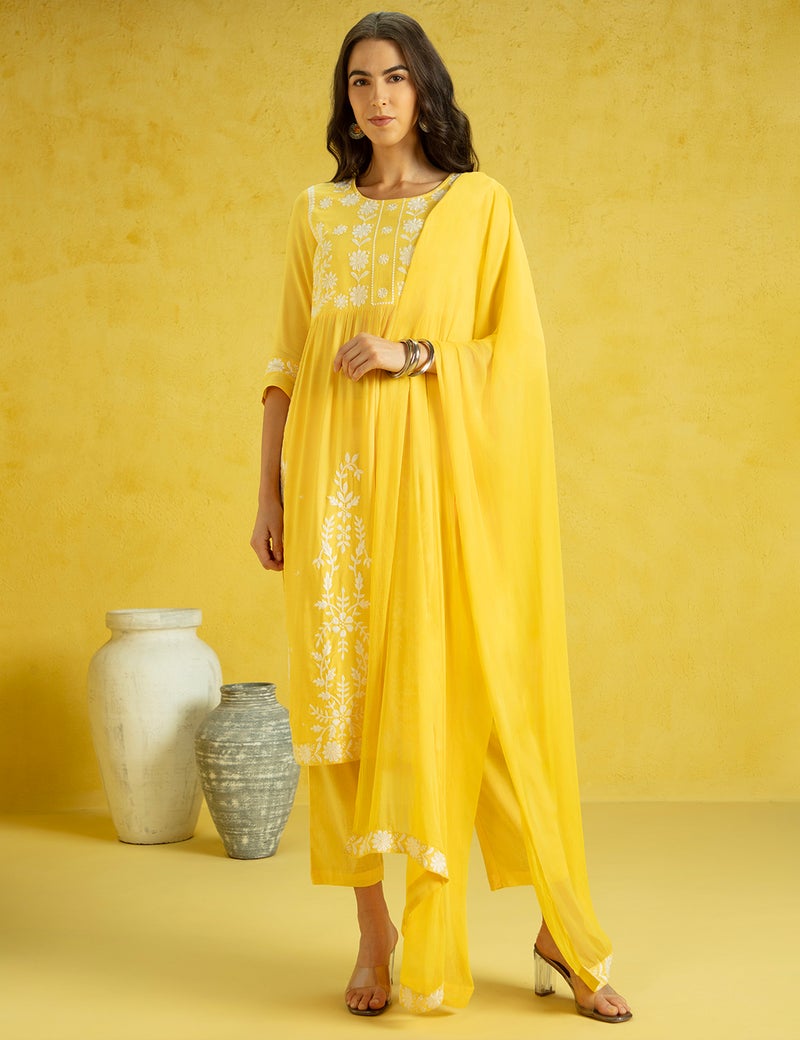 Kaari Women's Chikankari Kurta Set with Dupatta - A-line Fit | Chiffon Dupatta with Embroidered Band | Straight Pant with Side Pocket | Kurta Set For Women - Image 5